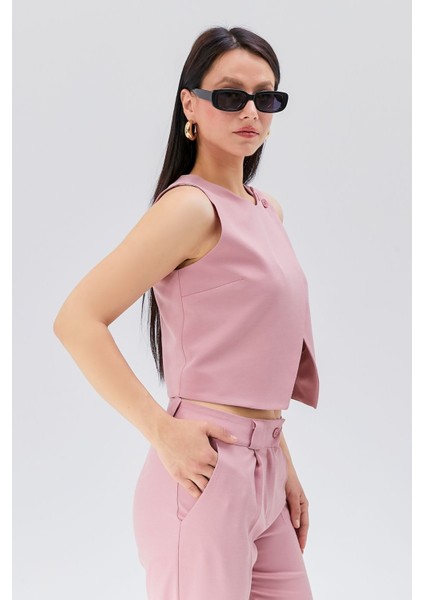 Pembe Regular Astarlı Omuzdan Düğmeli Yelek