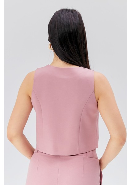 Pembe Regular Astarlı Omuzdan Düğmeli Yelek