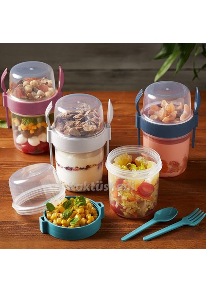 4 'lü Set Çatallı Kaşıklı Atıştırmalık Yemek Yoğurt Müsli Granola Diyet Kabı - Yemek Saklama Kabı 7167761