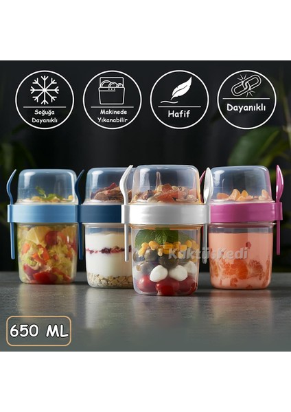 4 'lü Set Çatallı Kaşıklı Atıştırmalık Yemek Yoğurt Müsli Granola Diyet Kabı - Yemek Saklama Kabı 7167761 modelleri