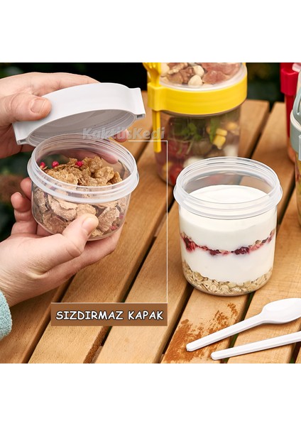4 'lü Set Çatallı Kaşıklı Atıştırmalık Yemek Yoğurt Müsli Granola Diyet Kabı - Yemek Saklama Kabı 7167761