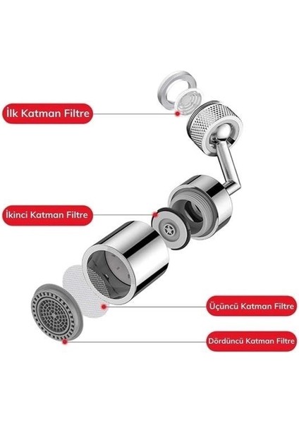 Buffer® 720 Derece Dönebilen 4 Filtreli Tüm Musluk Tipleri Ile Uyumlu Montaj Aparatlı Musluk Başlık