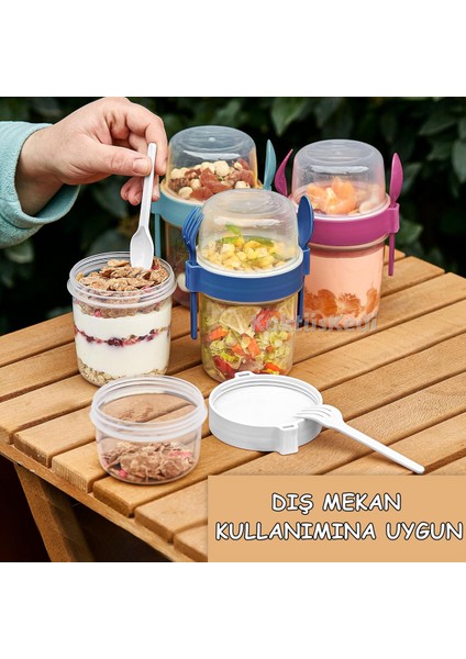 4 'lü Set Çatallı Kaşıklı Atıştırmalık Yemek Yoğurt Müsli Granola Diyet Kabı - Yemek Saklama Kabı 7167761