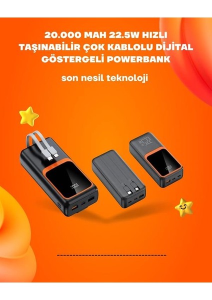 Powerbank 20000 Mah | 22.5W Hızlı Şarj, Dahili Kablolu, LCD Ekranlı Şarj Cihazı fiyatları