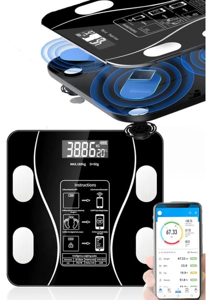 Bluetooth Bağlantılı Sporcu Tartısı, Telefonla Kontrol Edin, Siyah Renk