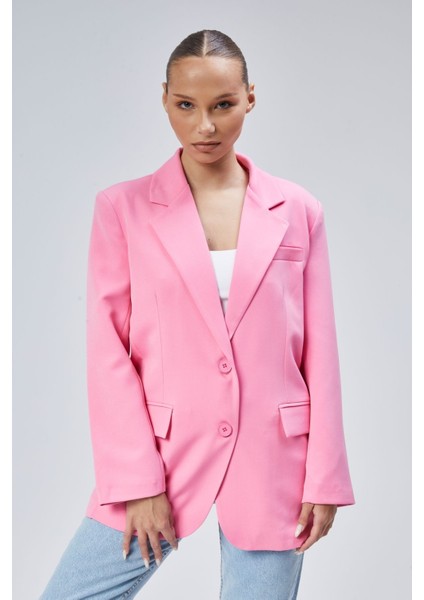 Pembe Kadın Düğmeli Oversize Blazer Ceket