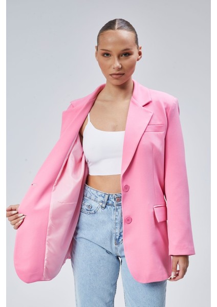 Pembe Kadın Düğmeli Oversize Blazer Ceket