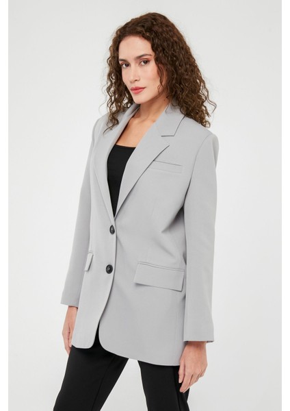 Gri Kadın Düğmeli Oversize Blazer Ceket