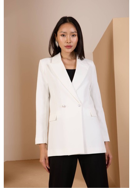 Beyaz Oversize Dokuma Blazer Ceket
