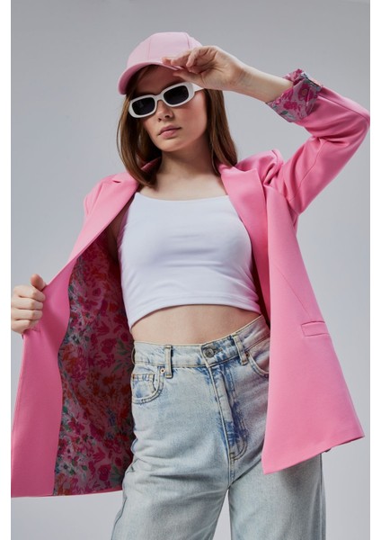 Pembe Kruvaze Yaka Kolu Katlama Detaylı Regular Vatkalı Blazer Ceket