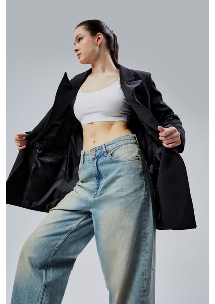 Siyah Regular Astarlı Kruvaze Kapama Dokuma Blazer Ceket