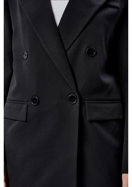 Siyah Regular Astarlı Kruvaze Kapama Dokuma Blazer Ceket