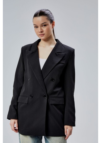 Siyah Regular Astarlı Kruvaze Kapama Dokuma Blazer Ceket