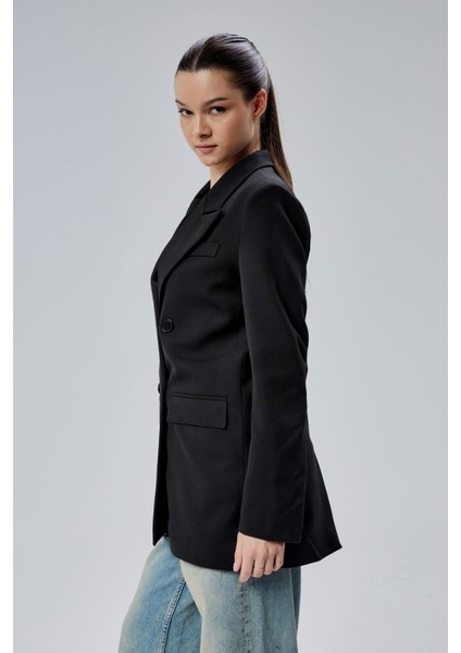 Siyah Regular Astarlı Kruvaze Kapama Dokuma Blazer Ceket