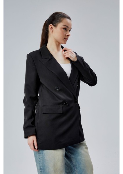 Siyah Regular Astarlı Kruvaze Kapama Dokuma Blazer Ceket