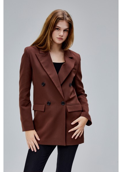 Kahverengi Regular Astarlı Kruvaze Kapama Dokuma Oversize Blazer Ceket