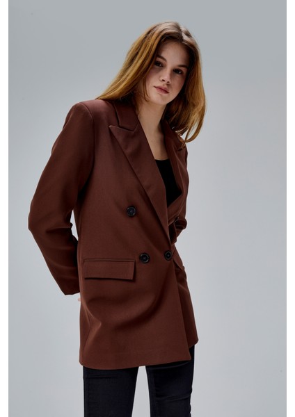 Kahverengi Regular Astarlı Kruvaze Kapama Dokuma Oversize Blazer Ceket