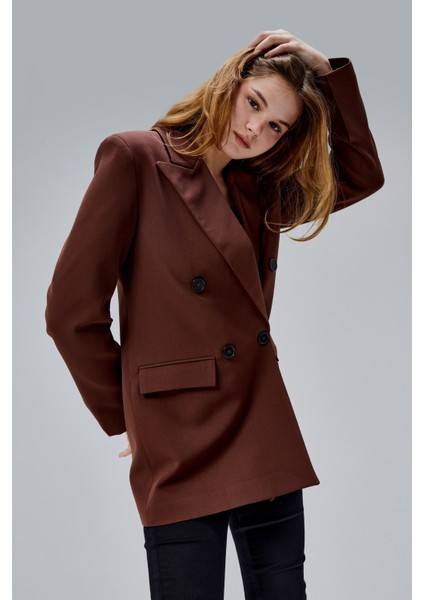 Kahverengi Regular Astarlı Kruvaze Kapama Dokuma Oversize Blazer Ceket