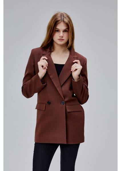 Kahverengi Regular Astarlı Kruvaze Kapama Dokuma Oversize Blazer Ceket