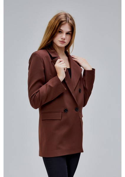 Kahverengi Regular Astarlı Kruvaze Kapama Dokuma Oversize Blazer Ceket