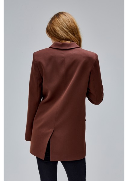 Kahverengi Regular Astarlı Kruvaze Kapama Dokuma Oversize Blazer Ceket