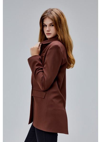 Kahverengi Regular Astarlı Kruvaze Kapama Dokuma Oversize Blazer Ceket