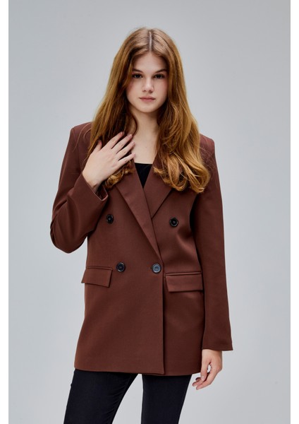 Kahverengi Regular Astarlı Kruvaze Kapama Dokuma Oversize Blazer Ceket