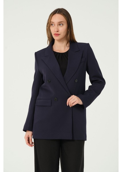 Lacivert Astarlı Kruvaze Kapama Dokuma Oversize Blazer Ceket