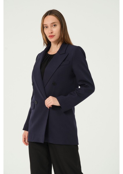 Lacivert Astarlı Kruvaze Kapama Dokuma Oversize Blazer Ceket