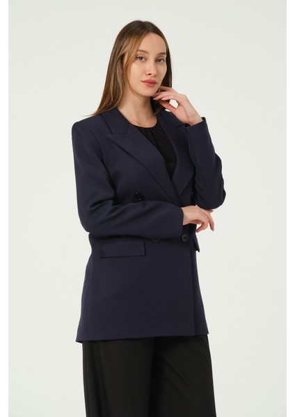 Lacivert Astarlı Kruvaze Kapama Dokuma Oversize Blazer Ceket