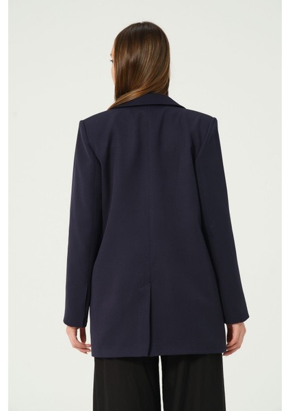 Lacivert Astarlı Kruvaze Kapama Dokuma Oversize Blazer Ceket