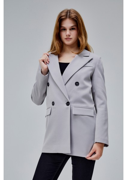 Gri Regular Astarlı Kruvaze Kapama Dokuma Blazer Ceket