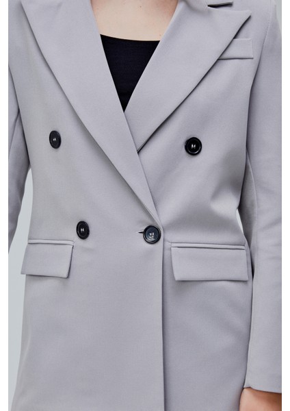 Gri Regular Astarlı Kruvaze Kapama Dokuma Blazer Ceket