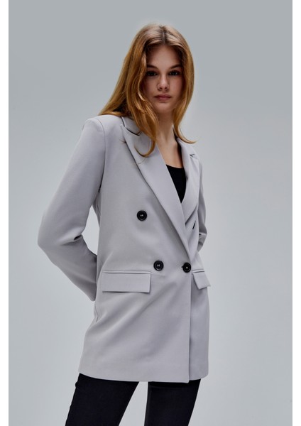 Gri Regular Astarlı Kruvaze Kapama Dokuma Blazer Ceket