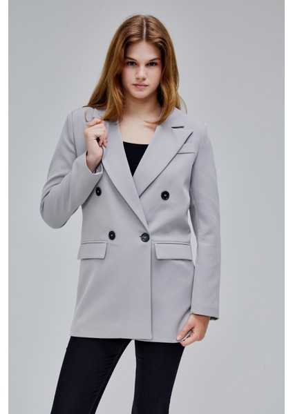 Gri Regular Astarlı Kruvaze Kapama Dokuma Blazer Ceket