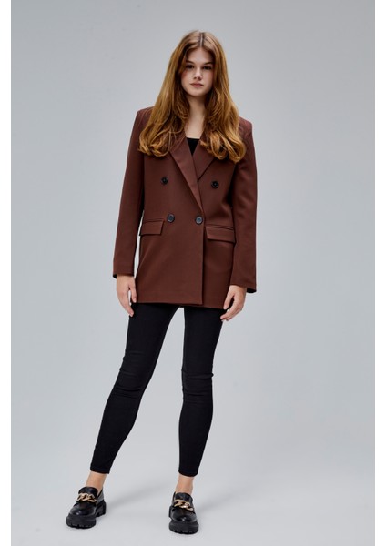 Kahverengi Regular Astarlı Kruvaze Kapama Dokuma Oversize Blazer Ceket