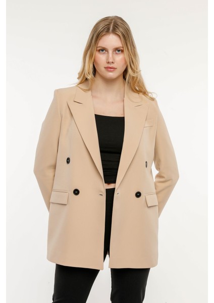 Bej Regular Astarlı Kruvaze Kapama Dokuma Blazer Ceket