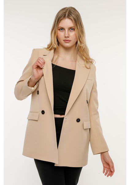 Bej Regular Astarlı Kruvaze Kapama Dokuma Blazer Ceket