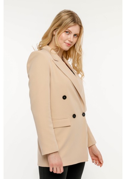 Bej Regular Astarlı Kruvaze Kapama Dokuma Blazer Ceket