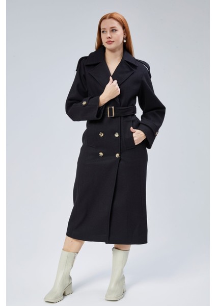 Siyah Regular Apolet Detaylı Kruvaze Kaşe Kaban