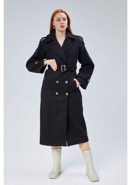 Siyah Regular Apolet Detaylı Kruvaze Kaşe Kaban