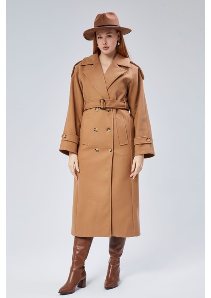 Taba Regular Apolet Detaylı Kruvaze Kaşe Kaban