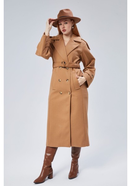 Taba Regular Apolet Detaylı Kruvaze Kaşe Kaban