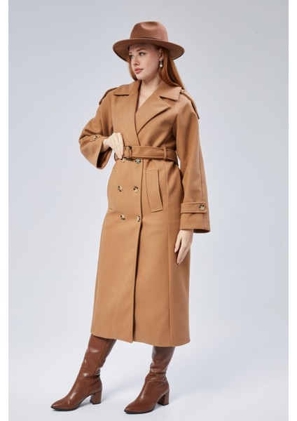 Taba Regular Apolet Detaylı Kruvaze Kaşe Kaban