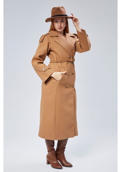 Taba Regular Apolet Detaylı Kruvaze Kaşe Kaban