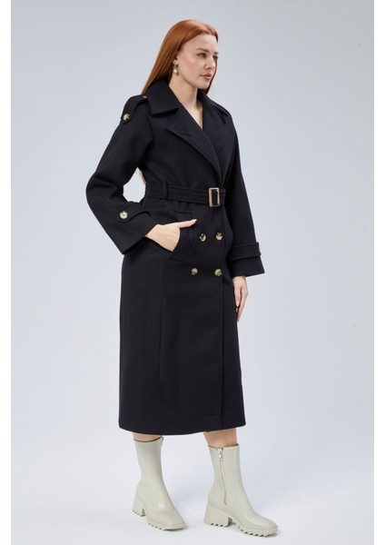 Siyah Regular Apolet Detaylı Kruvaze Kaşe Kaban