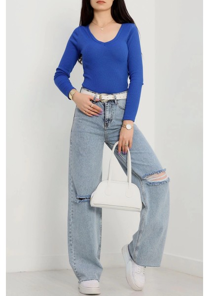 V Yaka Kaşkorse Bluz Saks Mavisi A3699 fırsatları