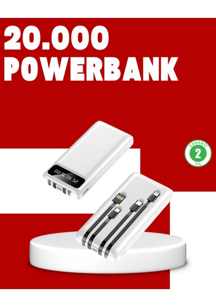 20.000MAH Pd Powerbank LED Işık LCD Ekran Dahili Kablo Çoklu Giriş