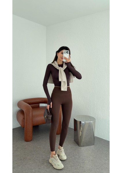 Likralı Yüksek Bel Kahverengi Tayt