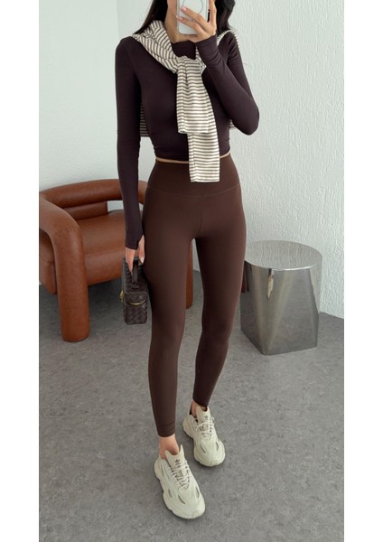 Likralı Yüksek Bel Kahverengi Tayt modelleri